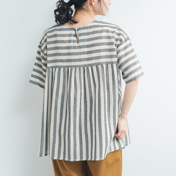 【おとなふく】 綿麻 ボーダー×ストライプ ブラウス